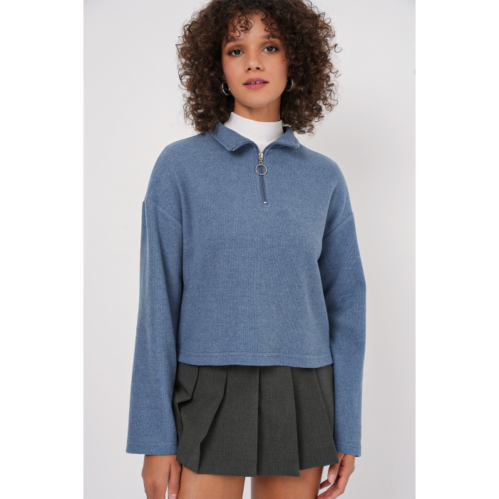 55449 Fermuarlı Yaka Örme Sweatshirt - İndigo