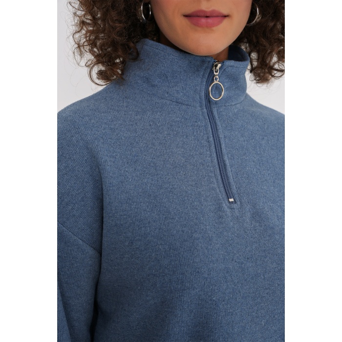 55449 Fermuarlı Yaka Örme Sweatshirt - İndigo