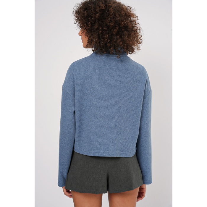 55449 Fermuarlı Yaka Örme Sweatshirt - İndigo
