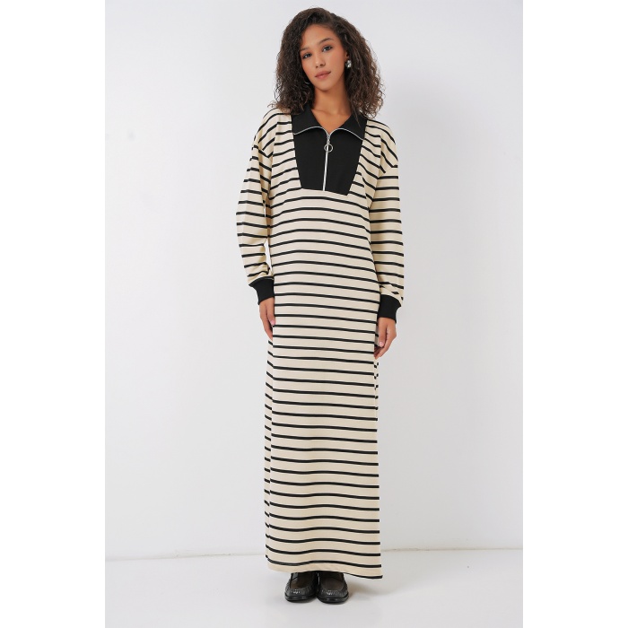 55453 Kadın Fermuar Detaylı Çizgili Uzun Elbise - Siyah