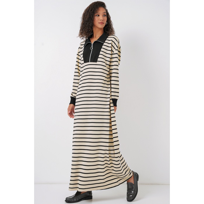 55453 Kadın Fermuar Detaylı Çizgili Uzun Elbise - Siyah