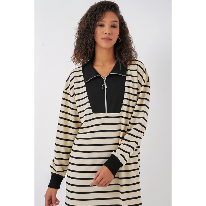 55453 Kadın Fermuar Detaylı Çizgili Uzun Elbise - Siyah