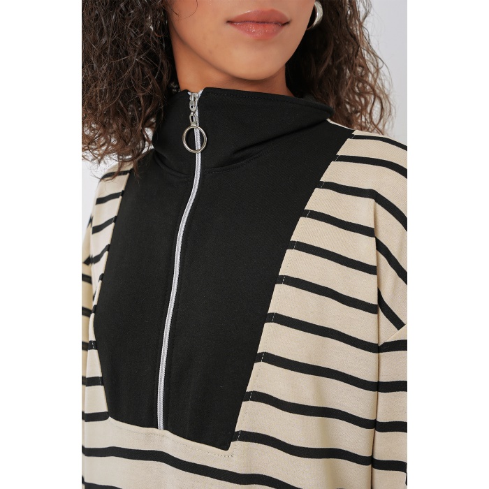 55453 Kadın Fermuar Detaylı Çizgili Uzun Elbise - Siyah