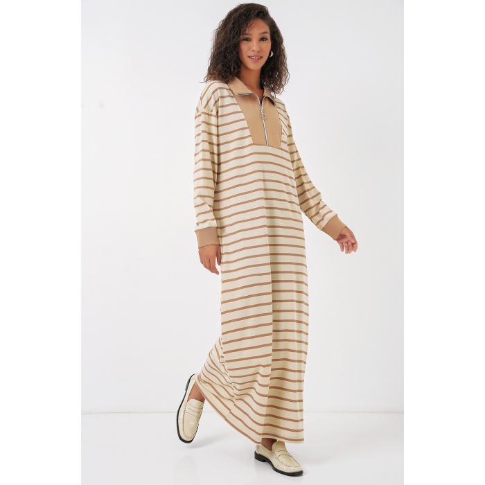 55453 Kadın Fermuar Detaylı Çizgili Uzun Elbise - Bej