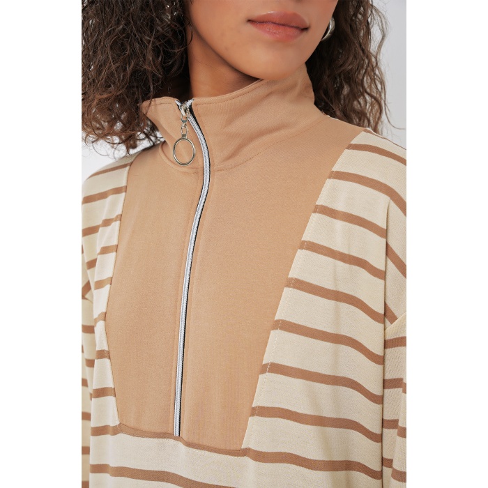 55453 Kadın Fermuar Detaylı Çizgili Uzun Elbise - Bej