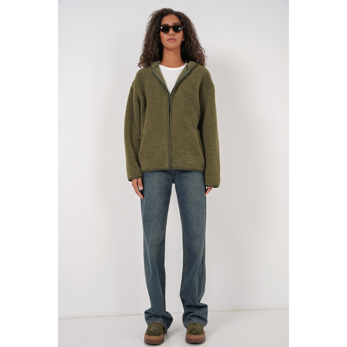 55456 Kadın Kapüşonlu Oversize Peluş Ceket - Haki