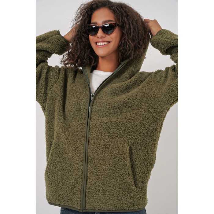 55456 Kadın Kapüşonlu Oversize Peluş Ceket - Haki