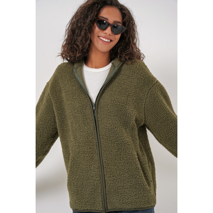 55456 Kadın Kapüşonlu Oversize Peluş Ceket - Haki