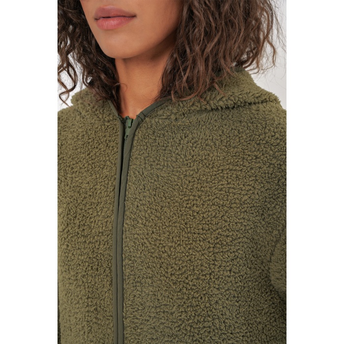 55456 Kadın Kapüşonlu Oversize Peluş Ceket - Haki