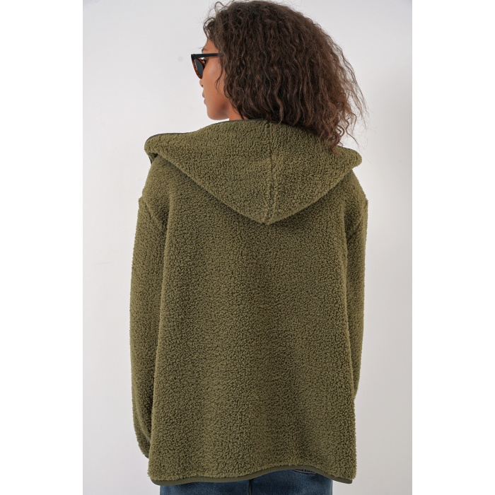 55456 Kadın Kapüşonlu Oversize Peluş Ceket - Haki