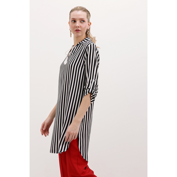 5613 Yaka Bağcıklı Çizgili Tunik - Siyah
