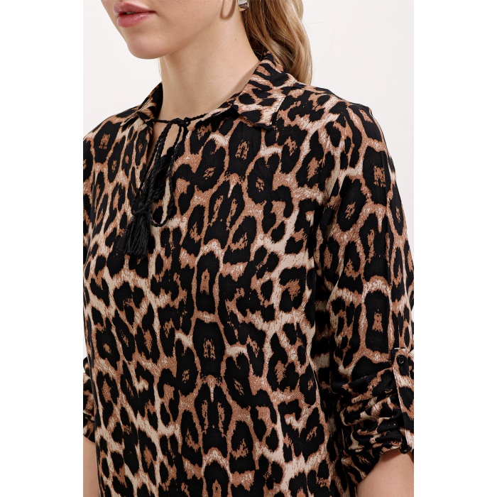 5613 Yaka Bağcıklı Çizgili Tunik - Kahverengi