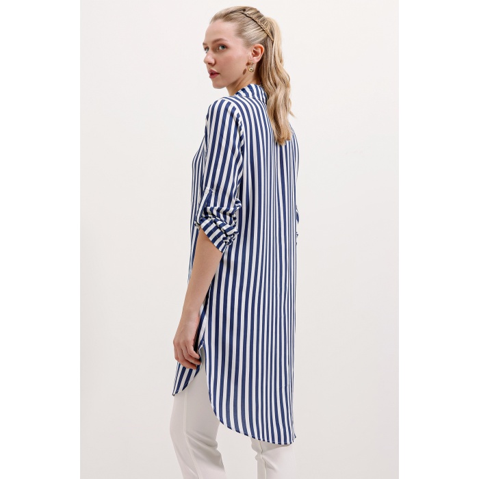 5613 Yaka Bağcıklı Çizgili Tunik - Mavi