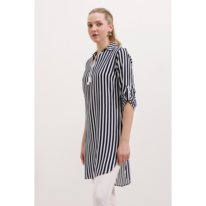 5613 Yaka Bağcıklı Çizgili Tunik - Lacivert