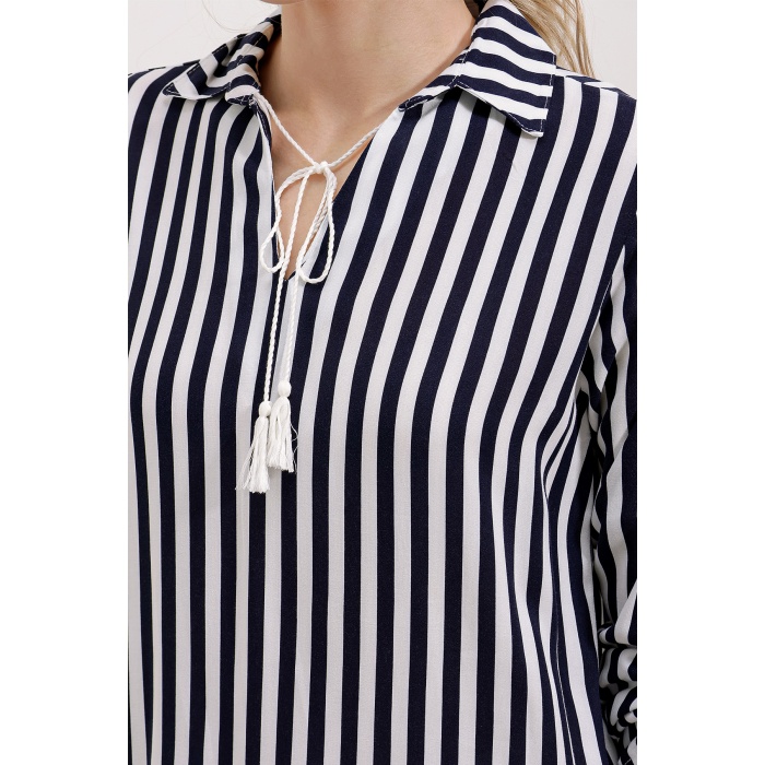 5613 Yaka Bağcıklı Çizgili Tunik - Lacivert