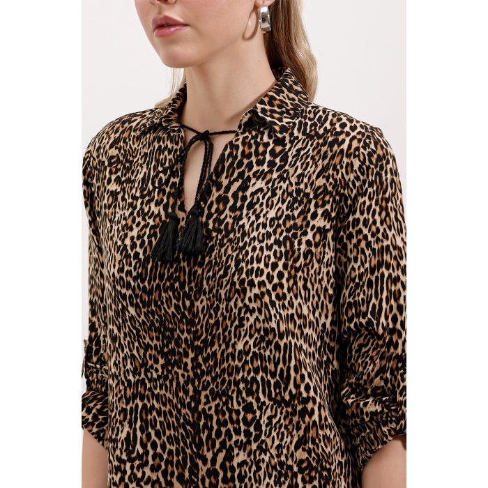 5613 Yaka Bağcıklı Çizgili Tunik - A.Kahve