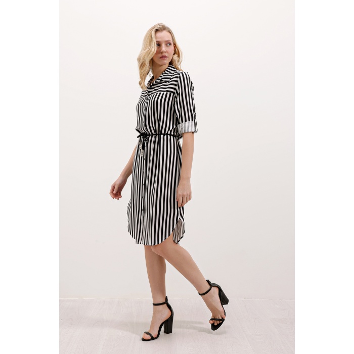 5629 Çizgili Kemerli Elbise - Siyah