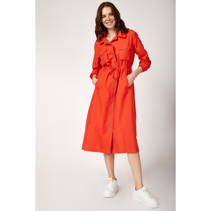 5671 ÖNÜ BOYDAN DÜĞMELİ TESETTÜR TRENHCOAT - Nar