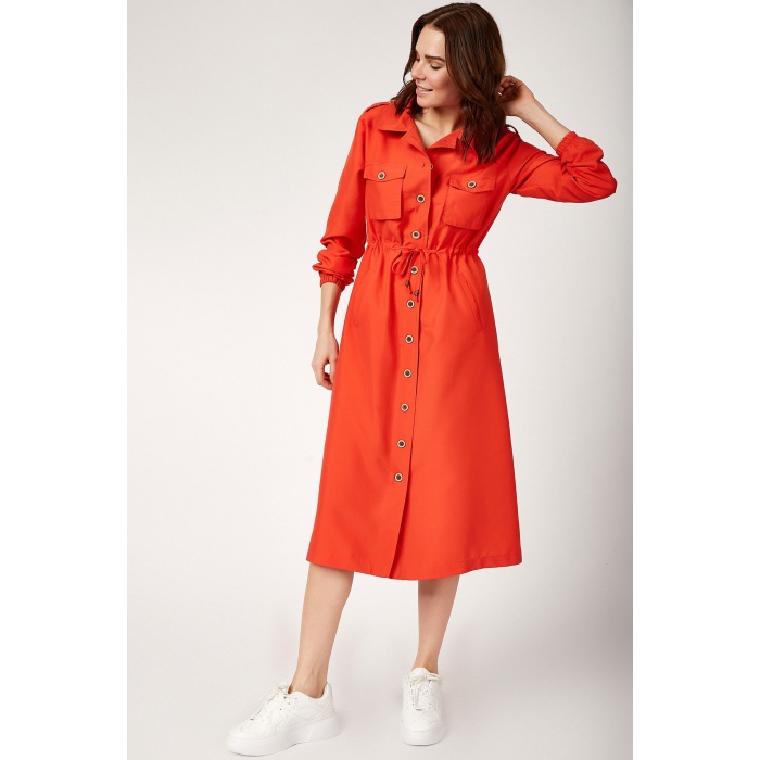 5671 ÖNÜ BOYDAN DÜĞMELİ TESETTÜR TRENHCOAT - Nar