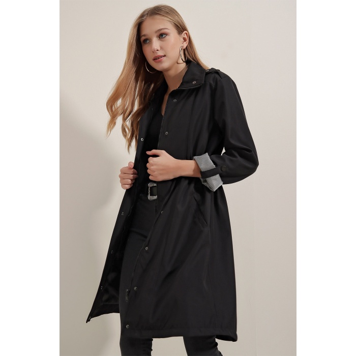 5808 Bel Bağlamalı Trençkot - Siyah