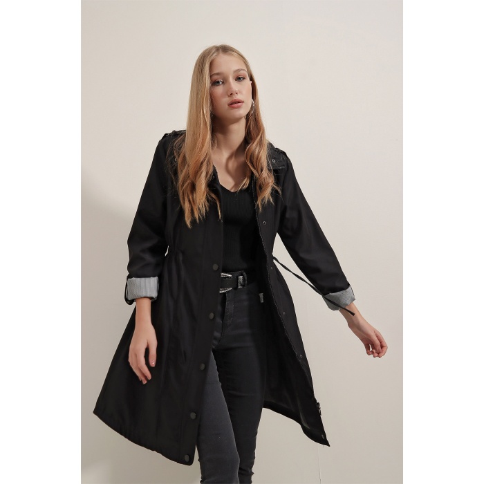 5808 Bel Bağlamalı Trençkot - Siyah