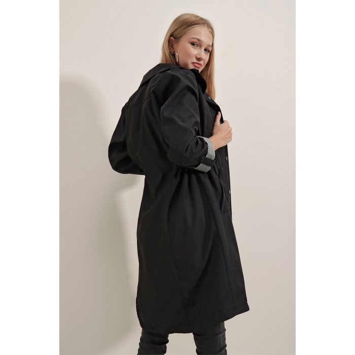 5808 Bel Bağlamalı Trençkot - Siyah