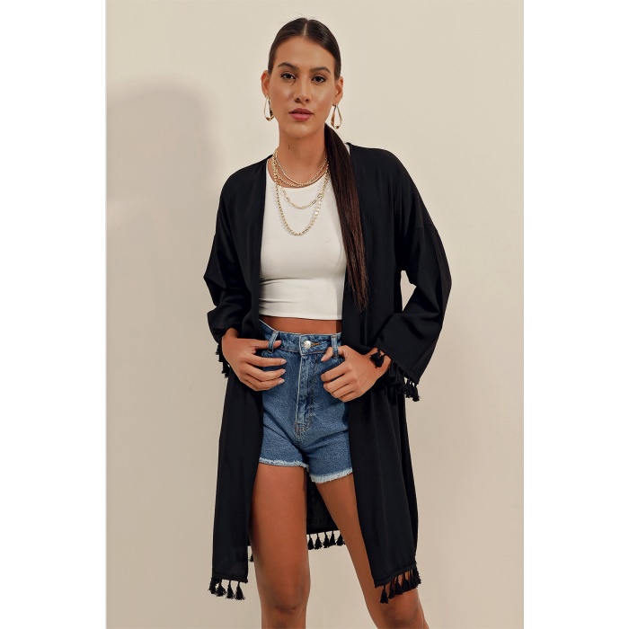 5833 Fırfırlı Kimono - Siyah