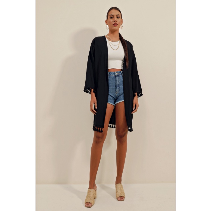 5833 Fırfırlı Kimono - Siyah