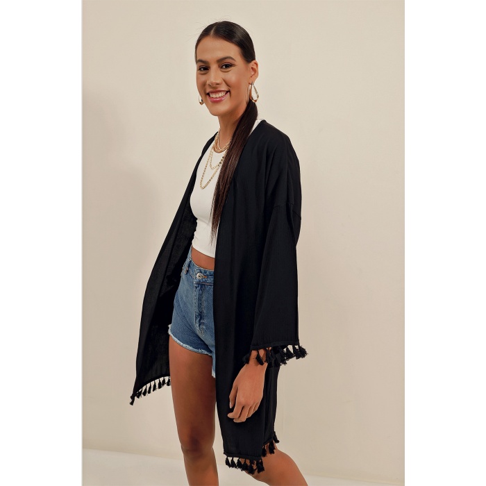 5833 Fırfırlı Kimono - Siyah