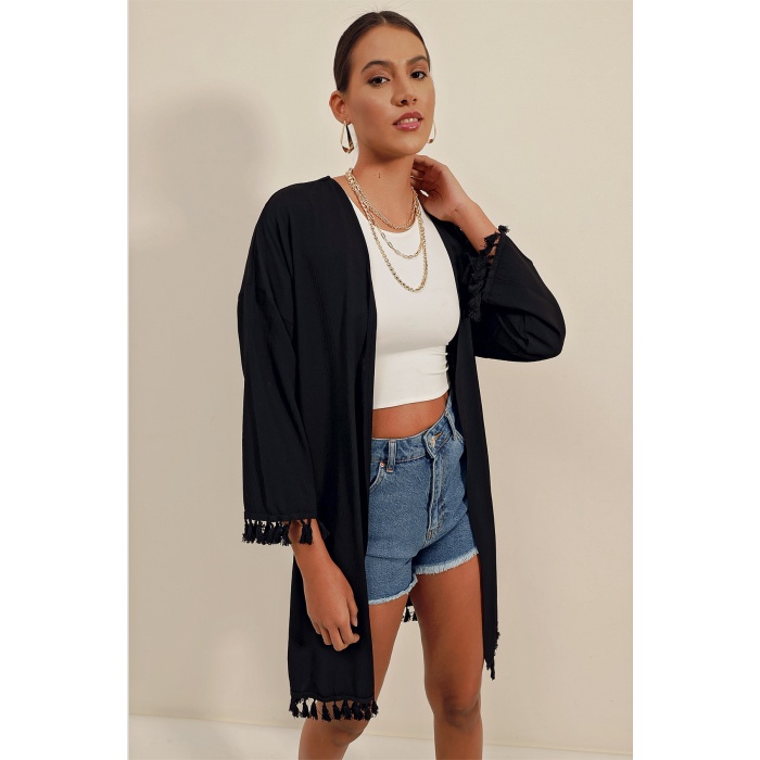 5833 Fırfırlı Kimono - Siyah
