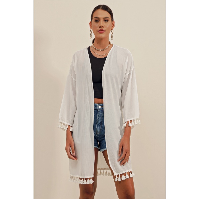 5833 Fırfırlı Kimono - Beyaz