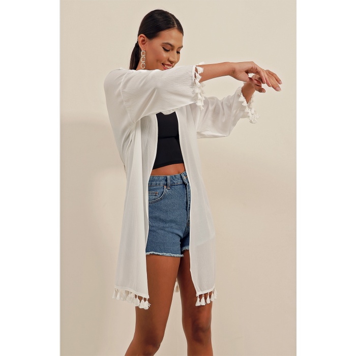 5833 Fırfırlı Kimono - Beyaz