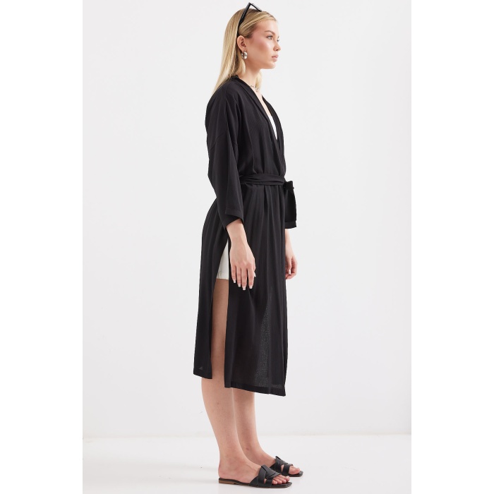 5835 Yırtmaçlı Yazlık Kimono - Siyah