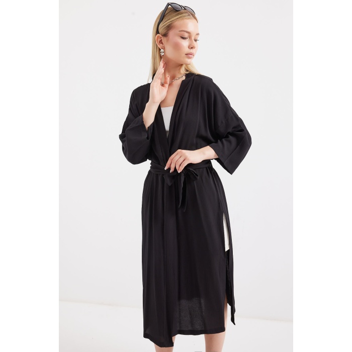 5835 Yırtmaçlı Yazlık Kimono - Siyah