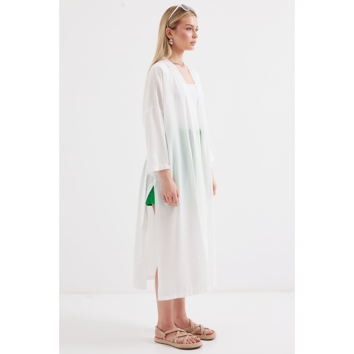 5835 Yırtmaçlı Yazlık Kimono - Beyaz