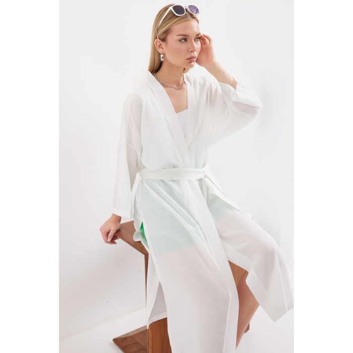 5835 Yırtmaçlı Yazlık Kimono - Beyaz