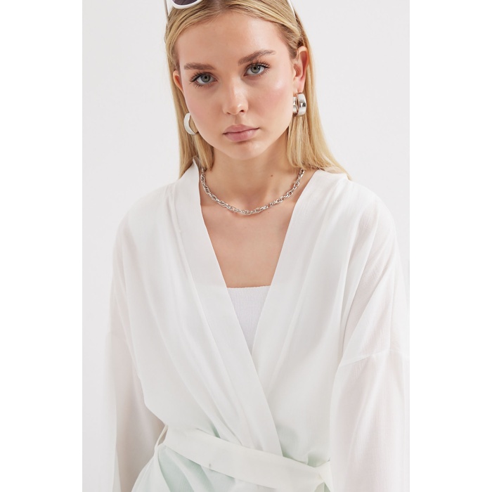 5835 Yırtmaçlı Yazlık Kimono - Beyaz