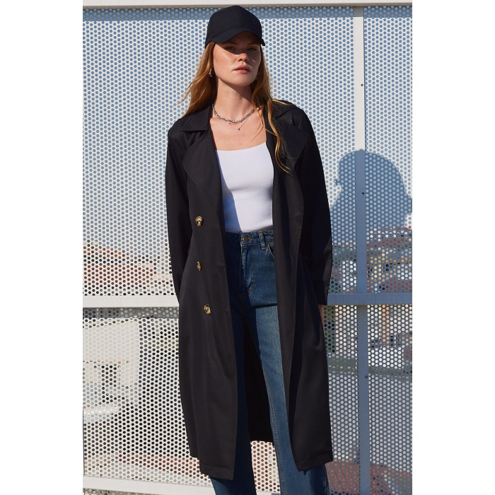 5853 Kruvaze Yaka Trençkot - Siyah