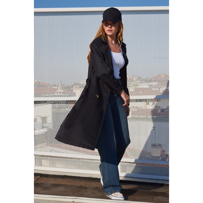 5853 Kruvaze Yaka Trençkot - Siyah