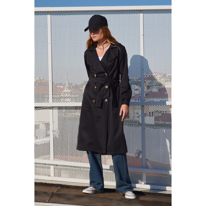 5853 Kruvaze Yaka Trençkot - Siyah