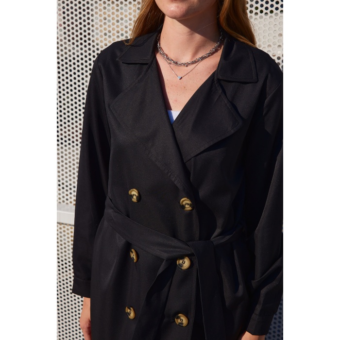 5853 Kruvaze Yaka Trençkot - Siyah