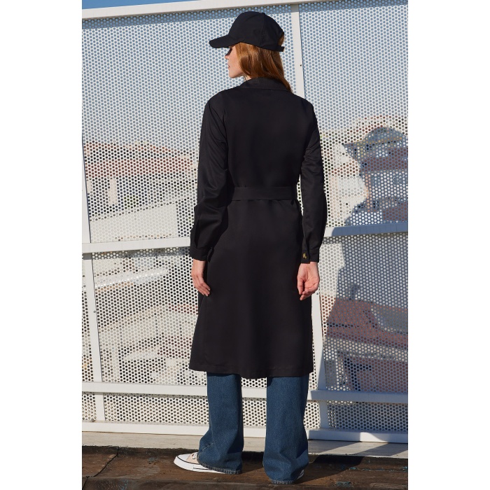 5853 Kruvaze Yaka Trençkot - Siyah