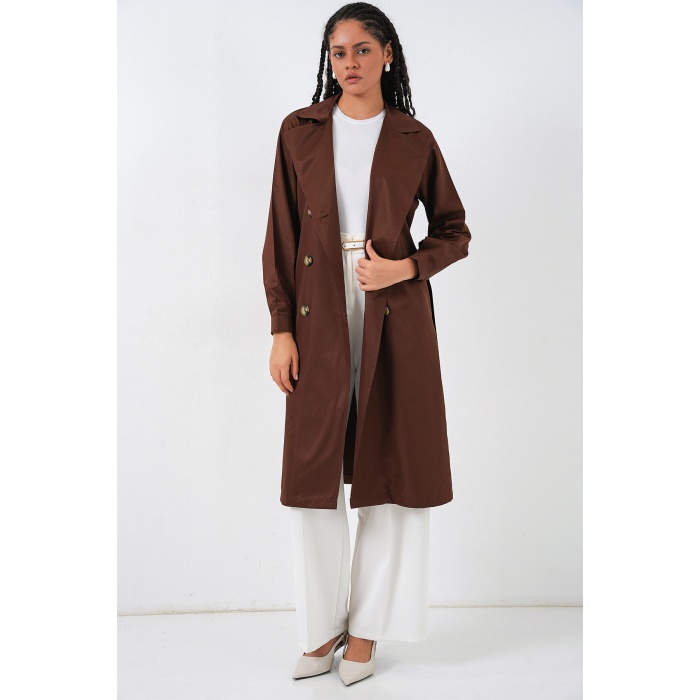 5853 Kruvaze Yaka Trençkot - Kahverengi