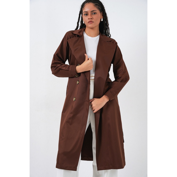 5853 Kruvaze Yaka Trençkot - Kahverengi
