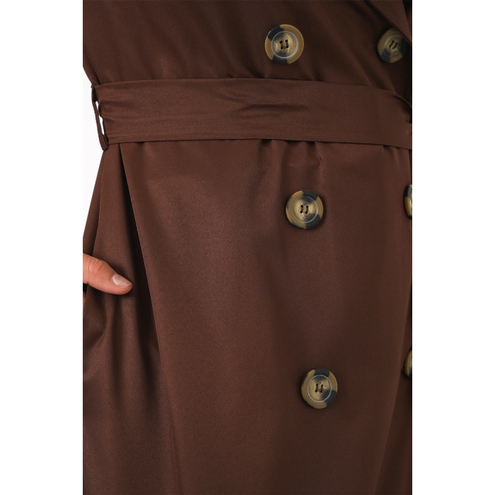 5853 Kruvaze Yaka Trençkot - Kahverengi