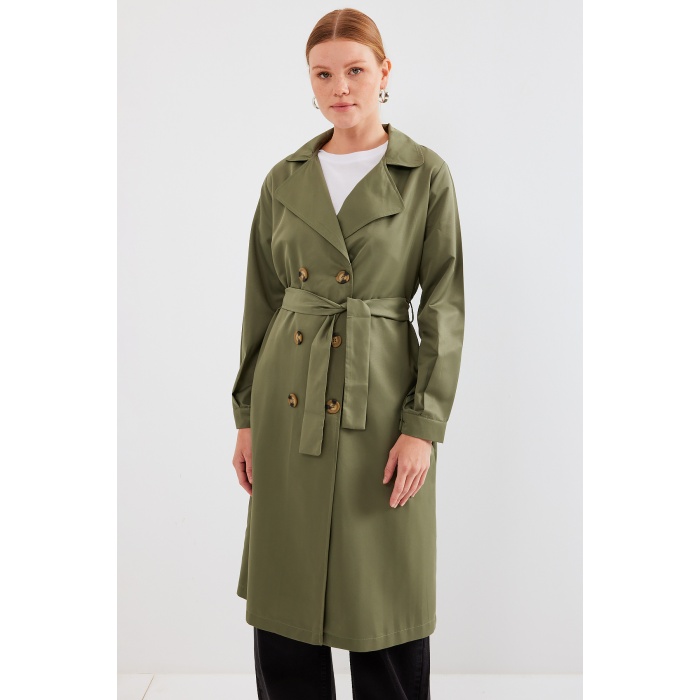 5853 Kruvaze Yaka Trençkot - Haki