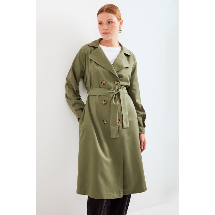 5853 Kruvaze Yaka Trençkot - Haki