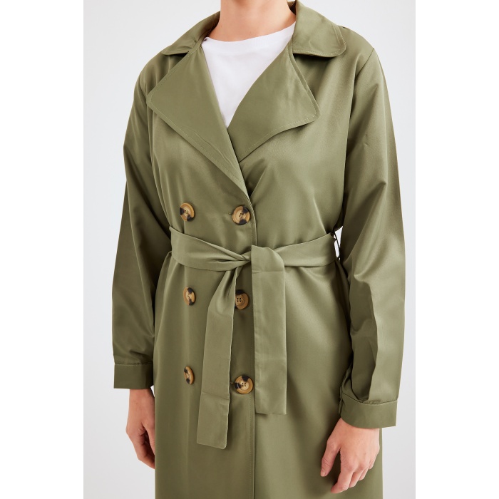 5853 Kruvaze Yaka Trençkot - Haki