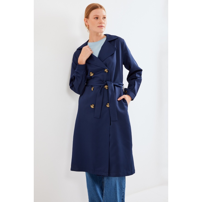 5853 Kruvaze Yaka Trençkot - Lacivert