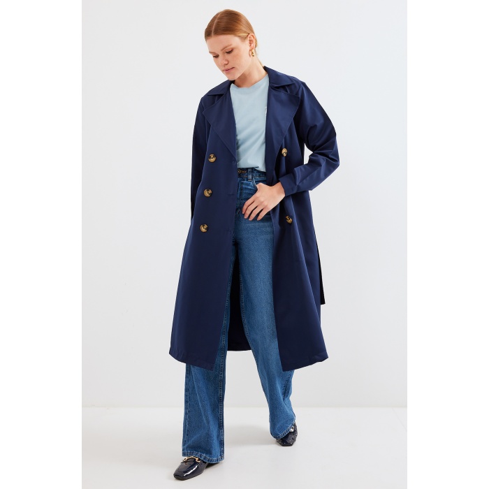 5853 Kruvaze Yaka Trençkot - Lacivert